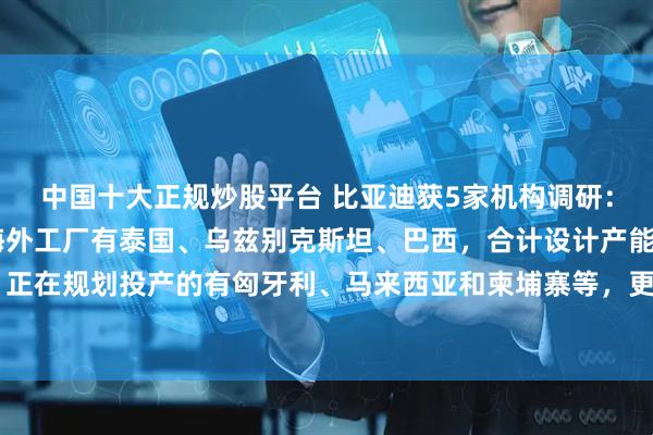 中国十大正规炒股平台 比亚迪获5家机构调研：公司目前已宣布投产海外工厂有泰国、乌兹别克斯坦、巴西，合计设计产能超30万台/年，正在规划投产的有匈牙利、马来西亚和柬埔寨等，更多的海外产能也在规划中（附调研问答）